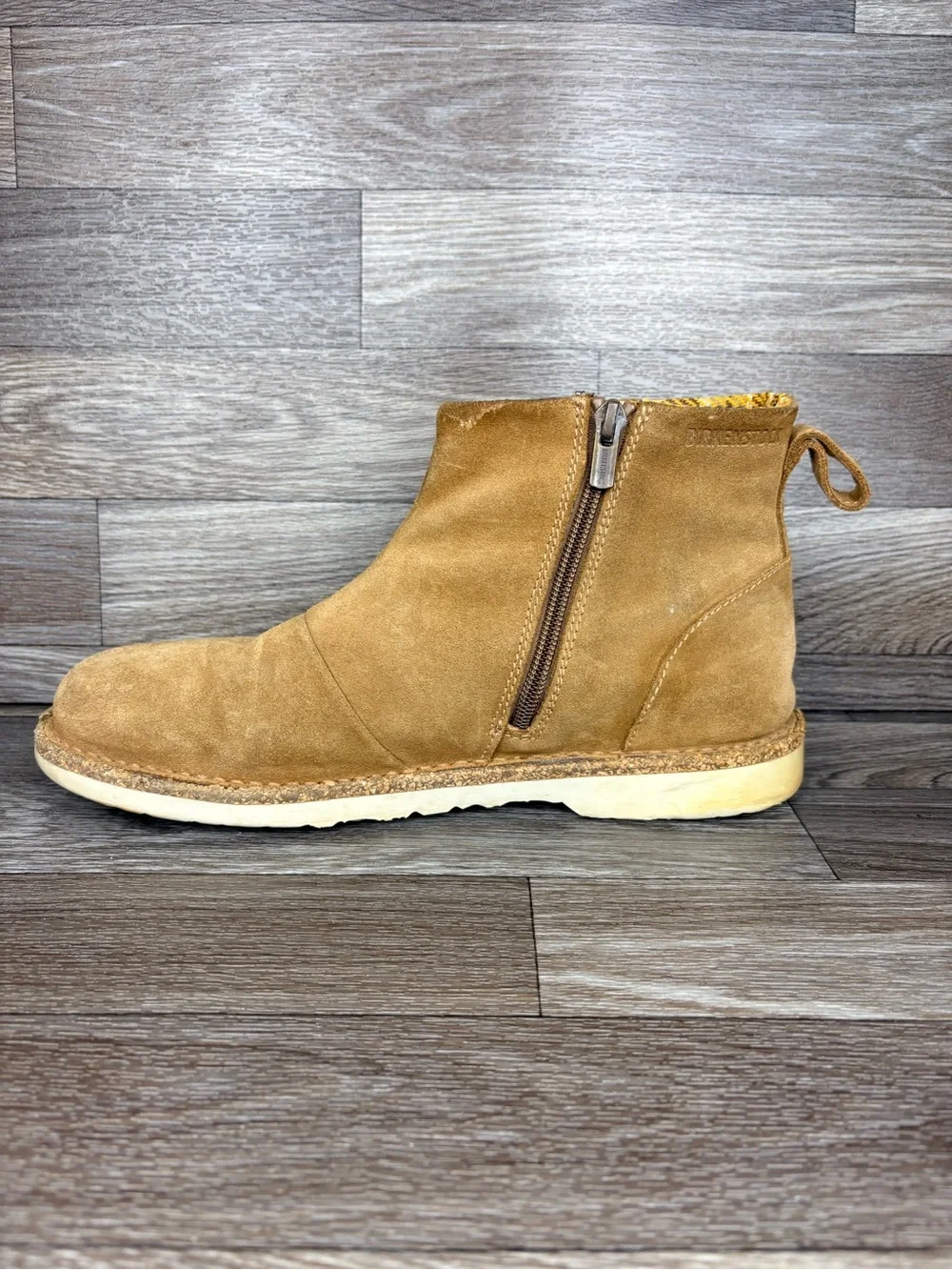Birkenstock Melrose Tan Suede Zip Up Ankle Boot Plaid Lining Women’s Sz 40 or 9